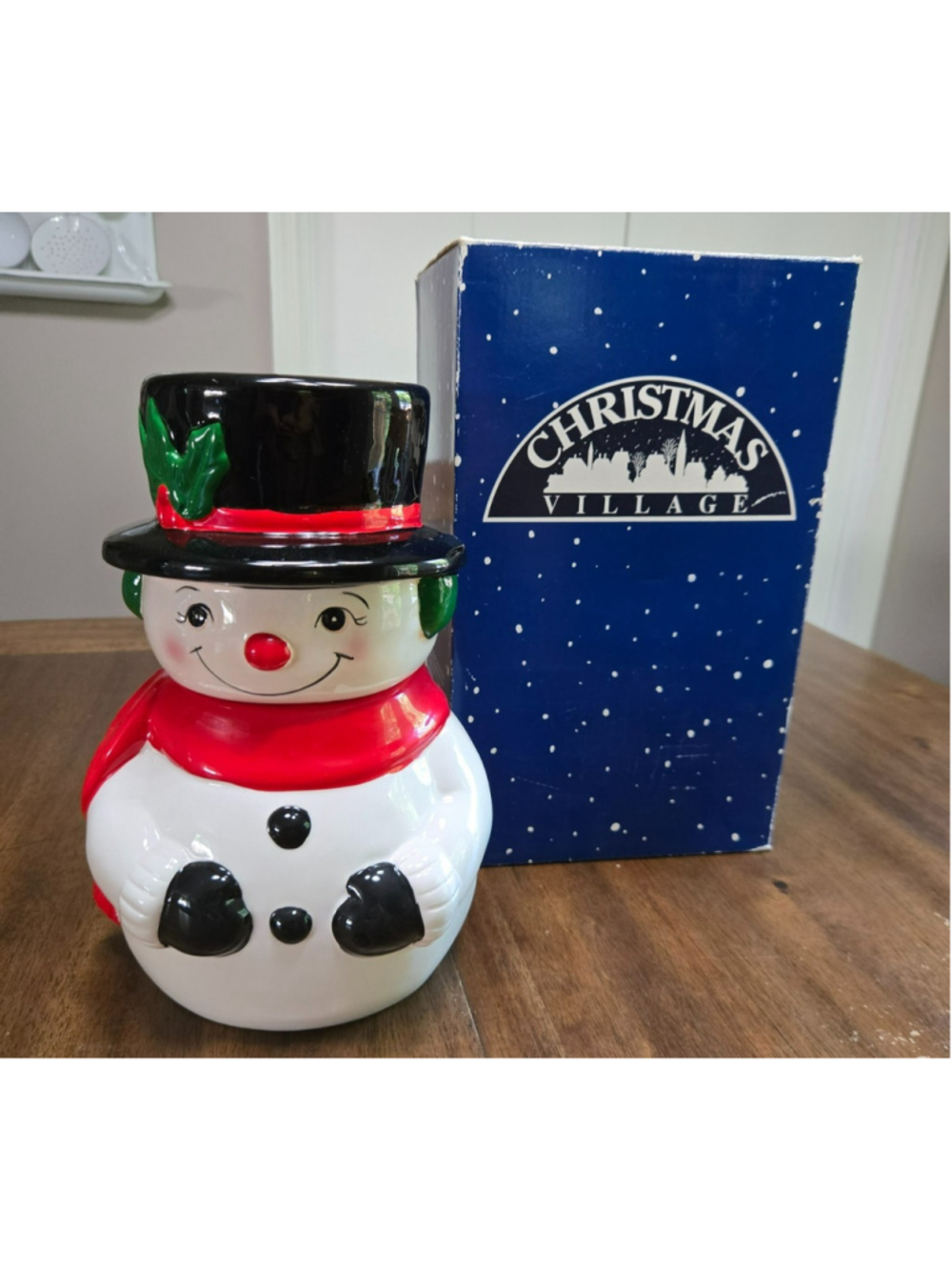 Christmas Village Earthenware Snowman Cookie Jar 2006 Vintage Holiday In Box